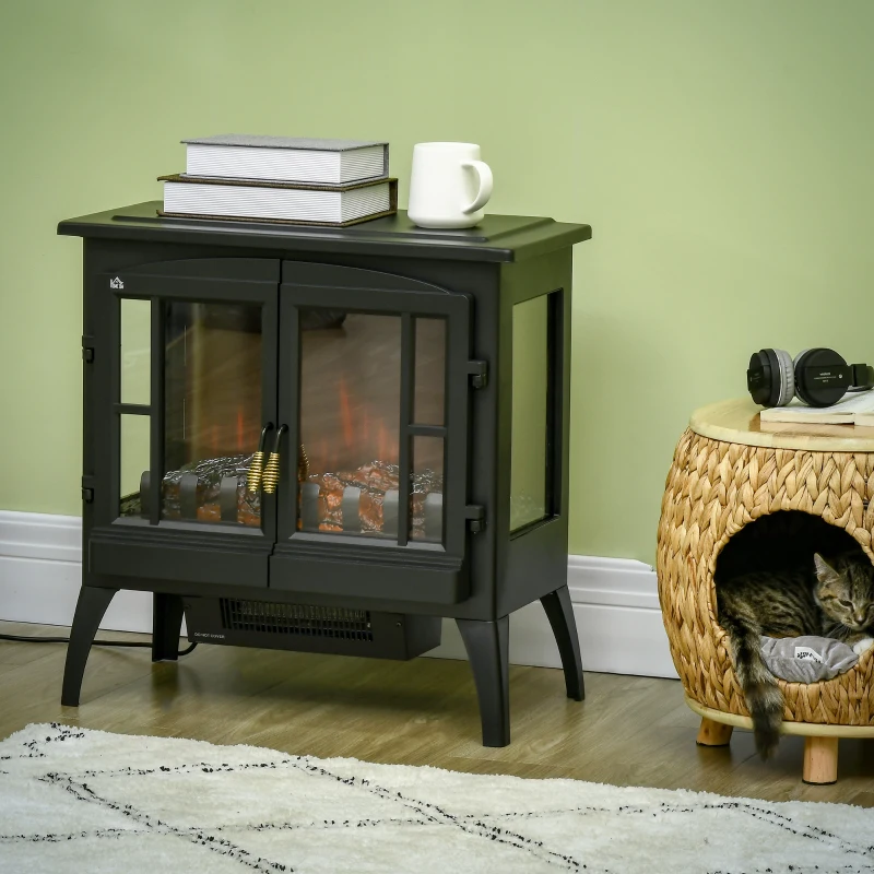 HOMCOM Cheminée électrique sur pieds effet poêle à bois avec LED thermostat 1000/2000W anti surchauffe - noir