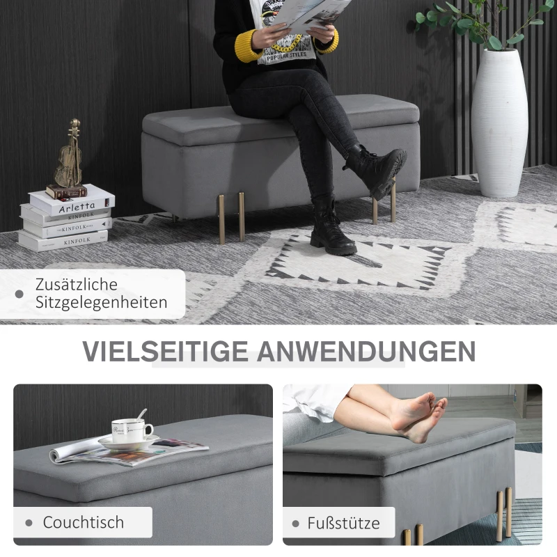 HOMCOM Sitzbank mit Stauraum Polsterbank mit Samtoptik, Sitztruhe mit Metallbeine, Truhenbank für Wohnzimmer Schlafzimmer Flur 100 x 40 x 42 cm, Dunkelgrau