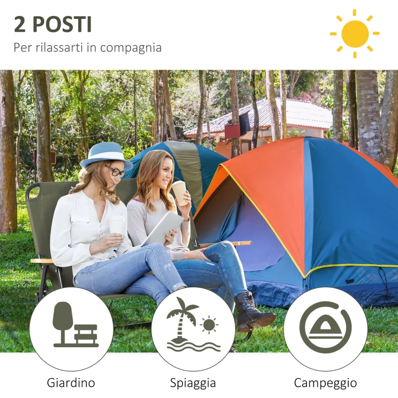 Outsunny Sedia Campeggio Doppia a 2 Posti, Pieghevole con Maniglia e Braccioli, 141x67x80cm, Verde