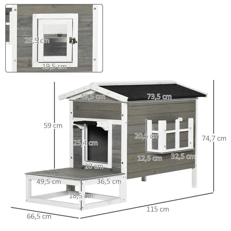 PawHut Maisonnette pour chats niche extérieure surélevé avec terrasse étanche en bois, dim. 115L x 66,5P x 74,7H cm, gris(m-3)