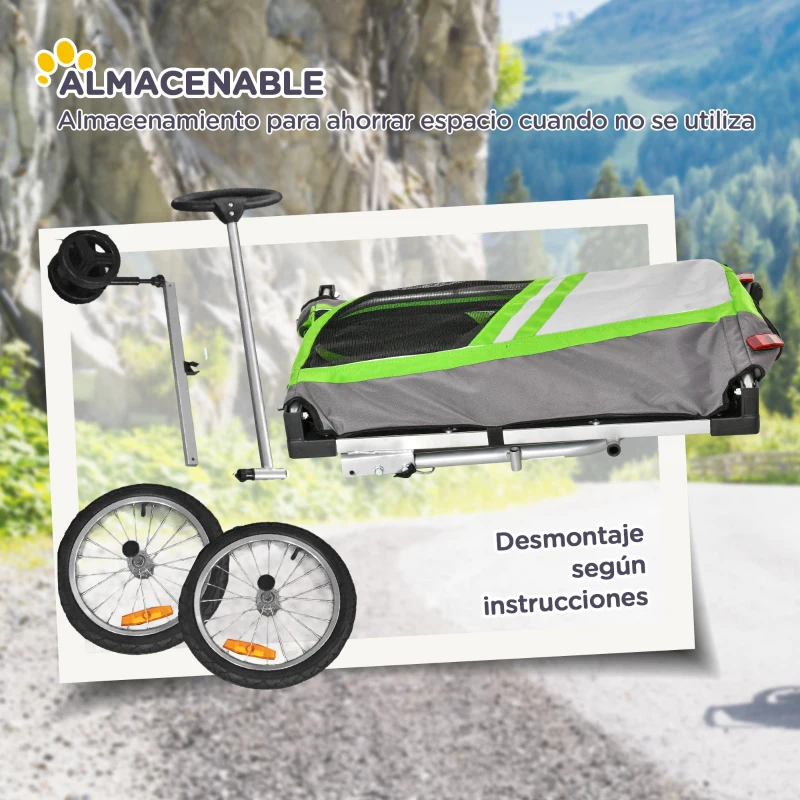 PawHut Remolque de Bicicleta para Perros 2 en 1 Carrito para Mascotas con Enganche Cubierta Enrollable Cinturón de Seguridad Bandera y Reflectores 130x64x97 cm Gris y Verde