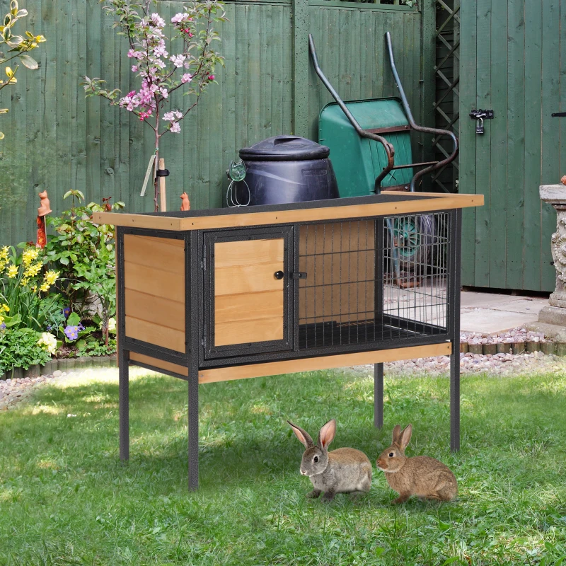 PawHut Cage à lapins en bois sur pieds, clapier pour rongeurs, cochons d'inde avec toit ouvrable - dim. 91,5L x 45l x 70H cm