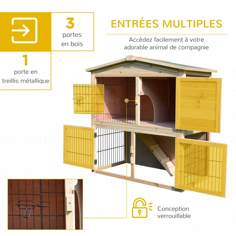 PawHut Clapier à lapin cage à lapin 2 étages 4 portes verrouillables rampe toit bitûmé bois de sapin