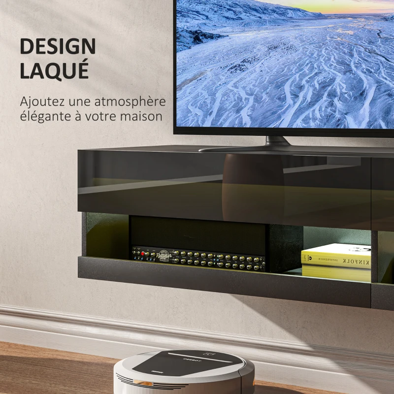 HOMCOM Meuble TV banc TV mural suspendu LED style contemporain - placards avec 2 portes battantes et 2 passe-câbles en bois
