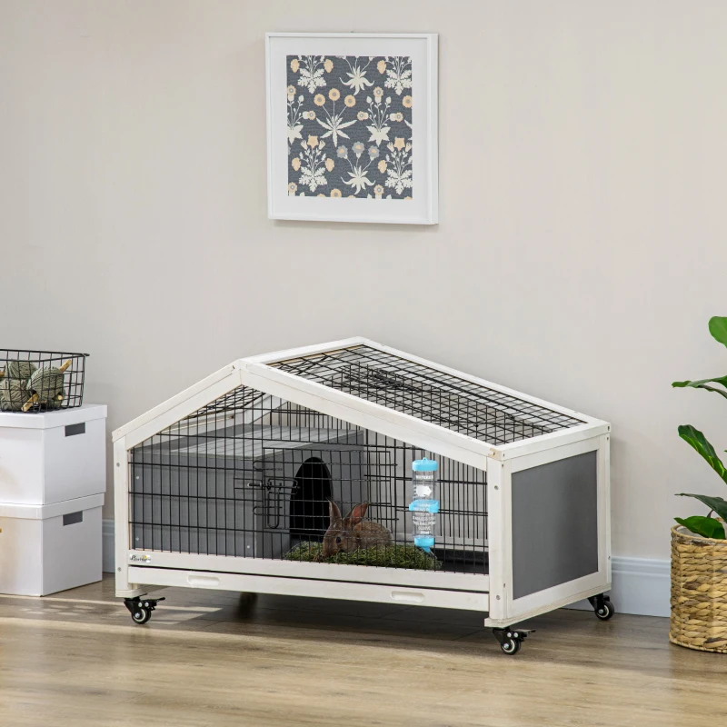 PawHut Conejera de Madera con Ruedas 90x53x55 cm Jaula para Mascotas con Bandeja Extraíble y Bebedero de Agua Gris Oscuro