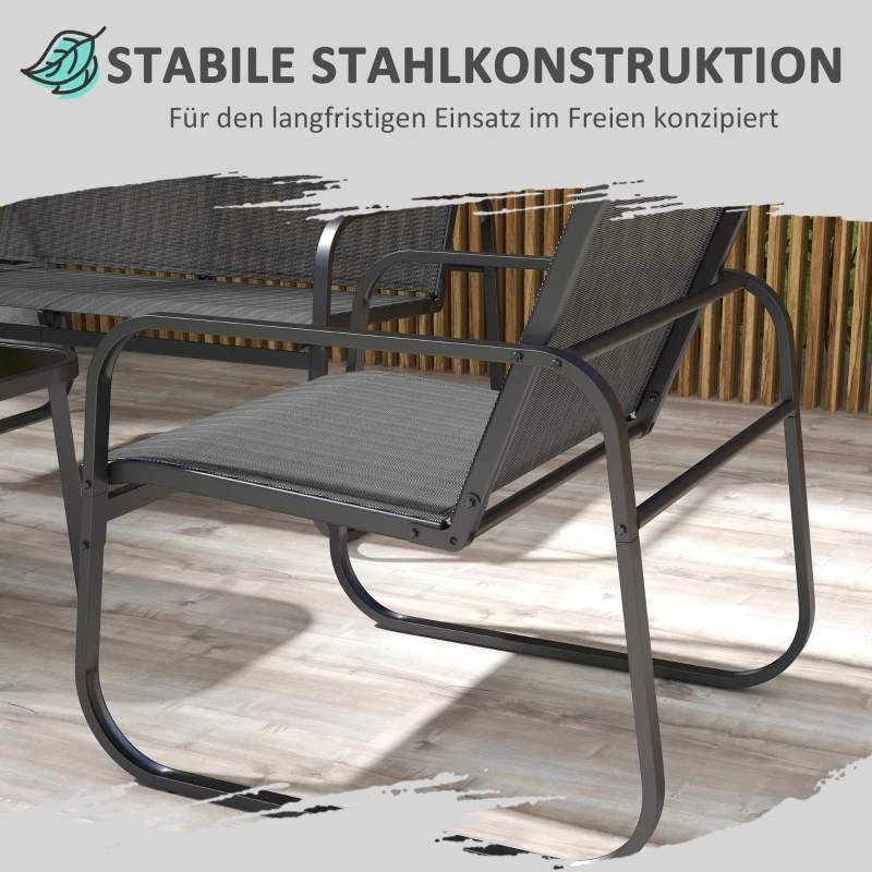 Outsunny 4-teilige Gartengarnitur, 2 Sessel, 2-Sitzer-Sofa, Tisch mit Glasplatte, atmungsaktiver Stoff, Metallrahmen, Schwarz