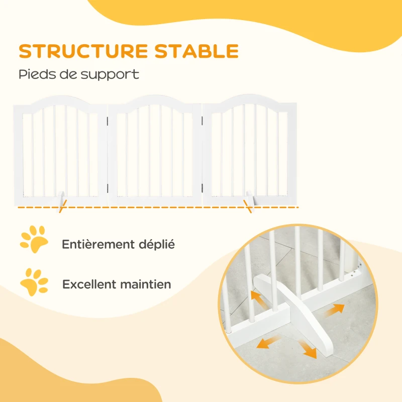 PawHut Barrière de sécurité barrière modulable pliable pour animaux de compagnie avec pied de support MDF bois massif 154,5 x 61 cm blanc