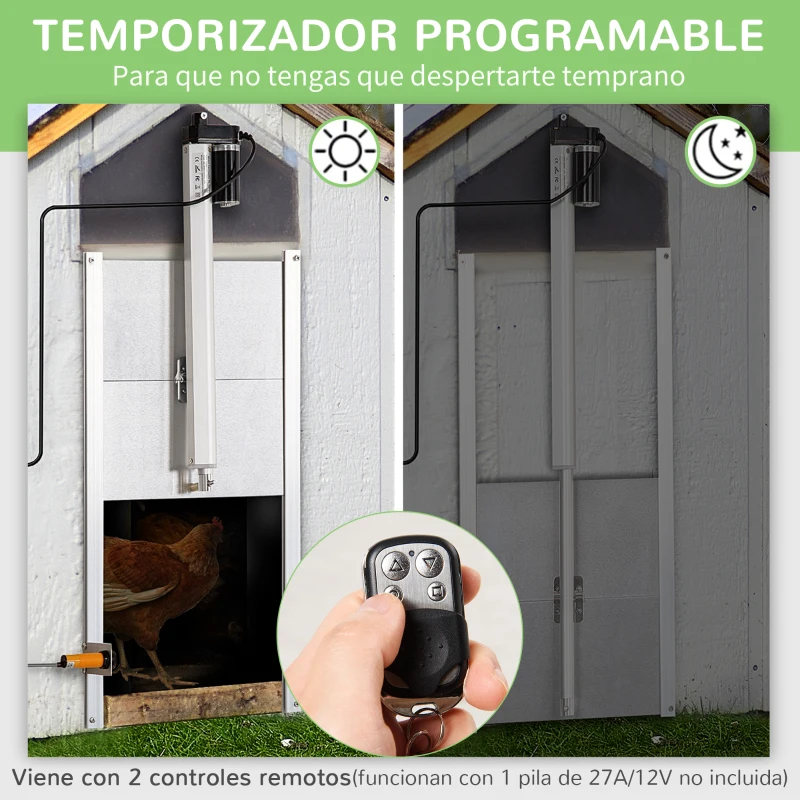 PawHut Kit de Abridor Automático de Puerta de Gallinero con Puerta de Aluminio Sensor de Infrarrojos Control de Temporizador y Mando a Distancia 30x30x0,15 cm Plateado