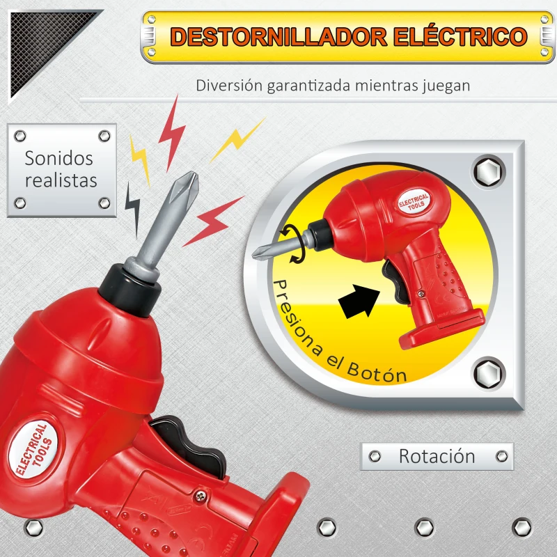 HOMCOM Banco de Herramientas para Niños de +3 Años Incluye 55 Piezas con Destornillador Eléctrico Llave Inglesa Alicates Juguete de Aprendizaje 69x26,5x75 cm Multicolor