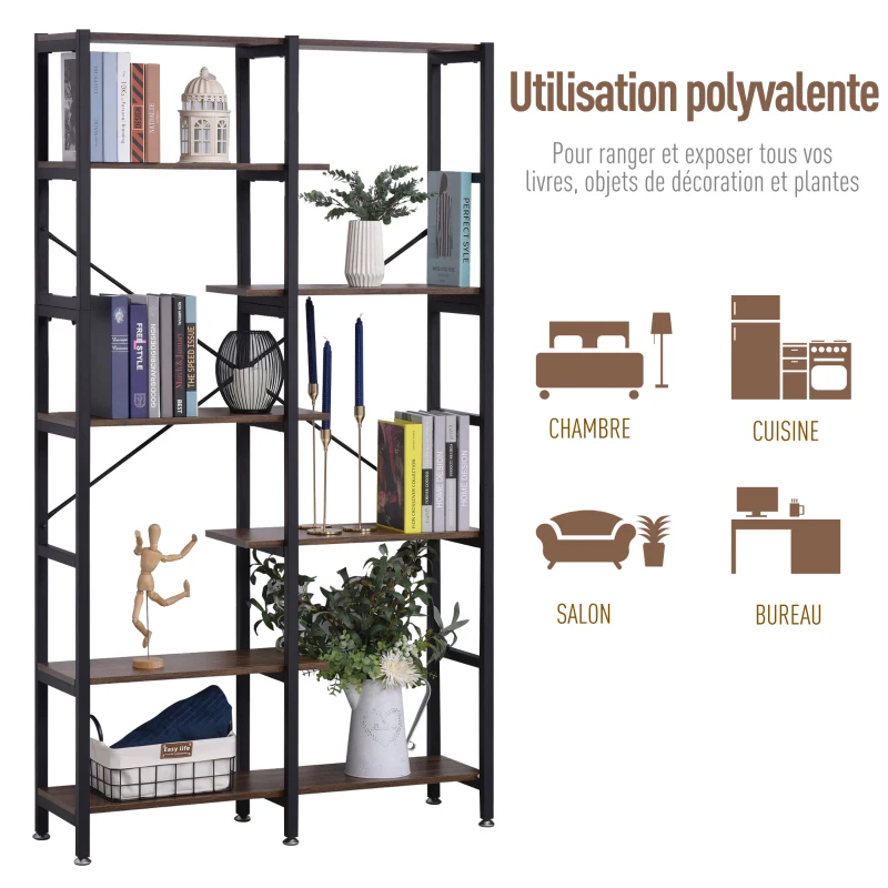HOMCOM Étagère de Rangement Bibliothèque séparateur de pièce Style Industriel en escalier 6 étagères en Bois et Métal Rustique