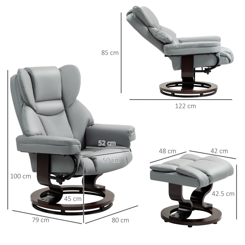 HOMCOM 360° Swivel Recliner Chair with Footstool, PU Leather Manual Recliner Armchair with Footstool, Solid Wood Base, Upholstered Reclining Chair for Living Room, Bedroom, Office, Light Grey
