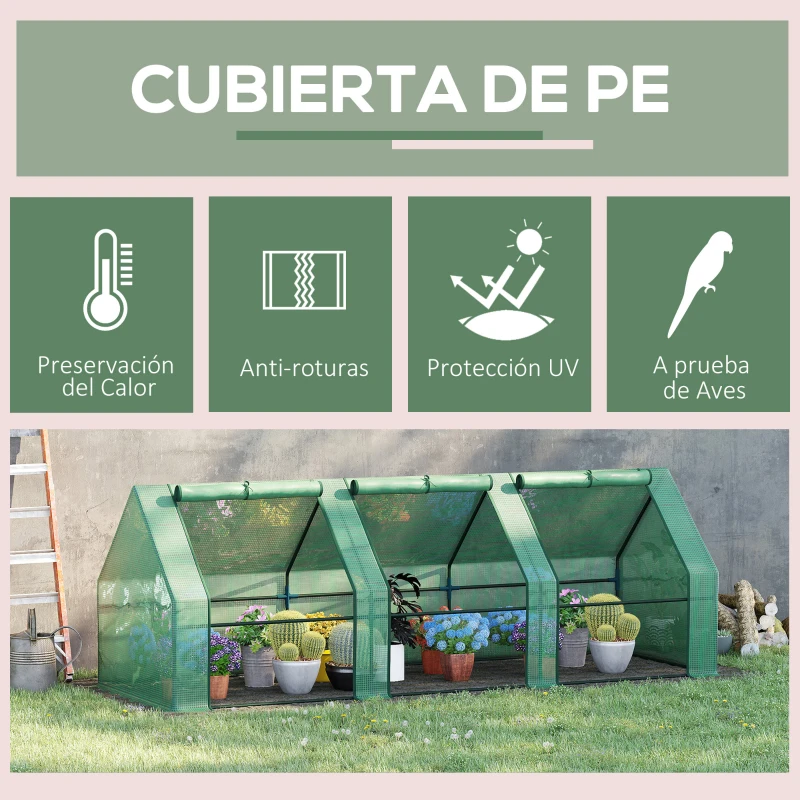Outsunny Invernadero de Exterior Invernadero de Jardín 270x90x90 cm Tipo Caseta con 3 Ventanas Marco de Acero y Cubierta de PE 140g/㎡ para Cultivo Plantas Flores Tomates Verde