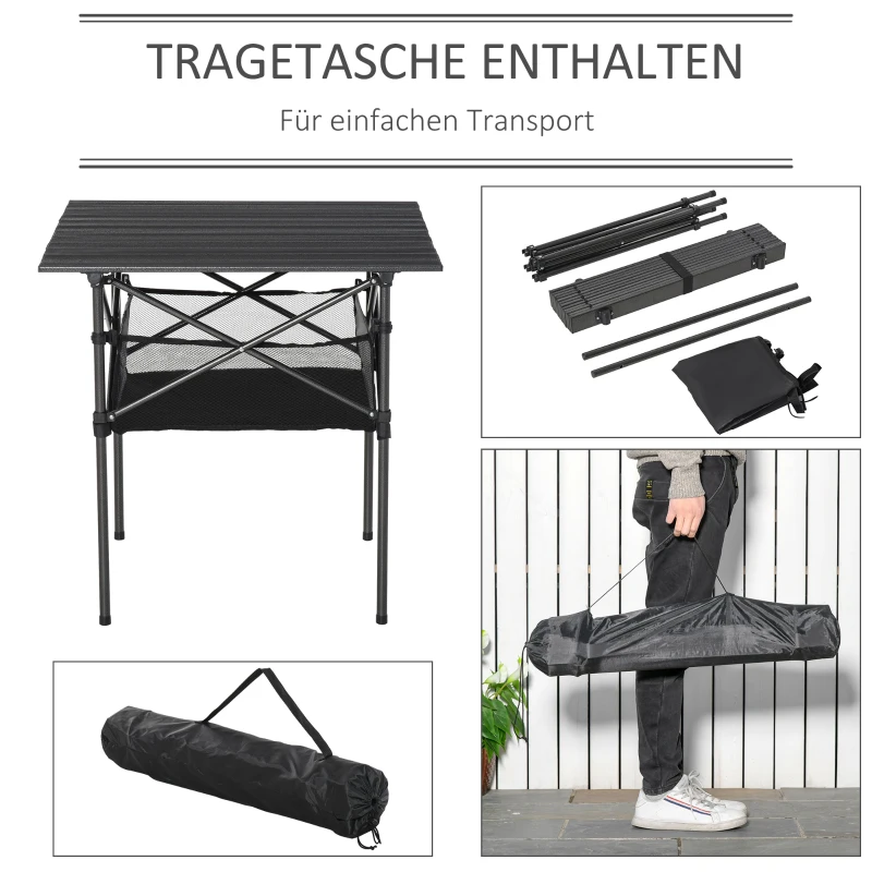 Outsunny Campingtisch aus Aluminium faltbar Klapptisch Falttisch mit Netztasche tragbarer Picknicktisch für Camping Garten Party Picknick Balkon Schwarz 70 x 70 x 69 cm
