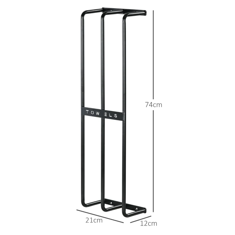 HOMCOM Toallero de Pared con 3 Barras y Marco de Metal Soporte de Toallas para Hotel 21x12x74 cm Negro