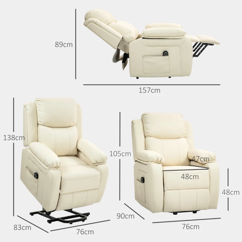 HOMCOM Poltrona Alzapersona Reclinabile a 160° con Poggiapiedi e Telecomando, in Pelle PU e Acciaio, 76x90x105 cm, Crema