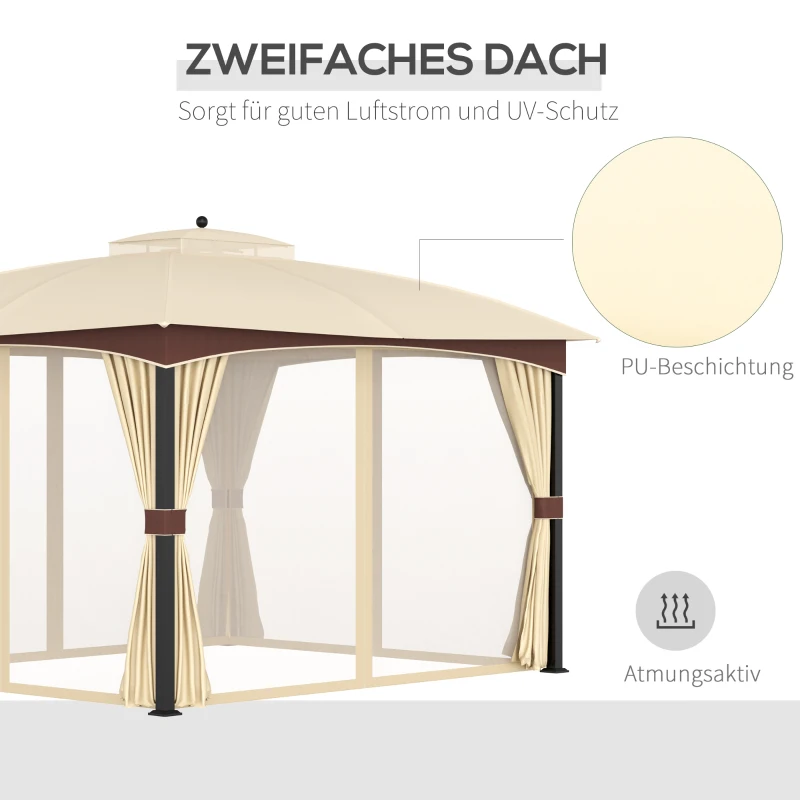 Outsunny Pavillon Gartenpavillon 3 x 4 m Gartenzelt Festzelt Partyzelt mit 4 x Seitenwände Moskitonetz atmungsaktivem Doppeldach Metall Polyester Khaki+Braun