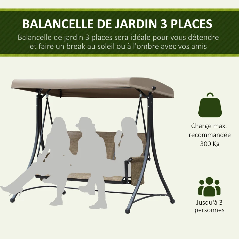 Outsunny Balancelle de Jardin 3 Places Toit Inclinaison réglable Assise Dossier Ergonomique 2 Pochettes Rangement métal époxy alu. textilène marron