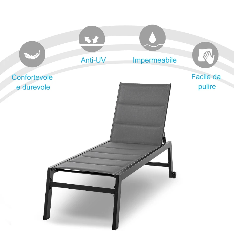 Outsunny Sdraio da Giardino Reclinabile su 5 Livelli Rivestimento Imbottito, Alluminio e Texteline, 72x168x102cm Grigio