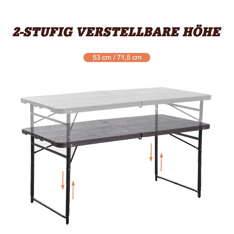 Outsunny Klapptisch, Faltbarer Campingtisch, Höhenverstellbarer Falttisch, Picknicktisch, Metall, Kaffee, 122 x 61 x 53/71,5 cm