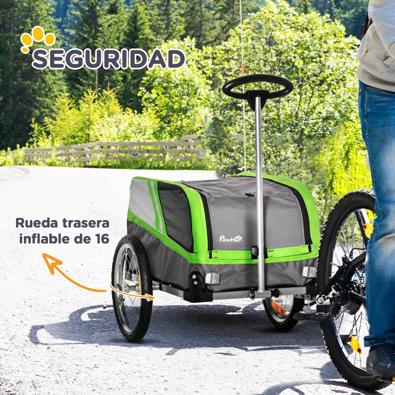 PawHut Remolque de Bicicleta para Perros 2 en 1 Carrito para Mascotas con Enganche Cubierta Enrollable Cinturón de Seguridad Bandera y Reflectores 130x64x97 cm Gris y Verde