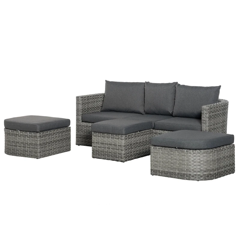 Outsunny 3 Piece Rattan Garden Furniture Set with Cushions, Patio Wicker Conversation Double Chaise Lounge Furniture Set with Convertible Middle Table, Mixed Grey