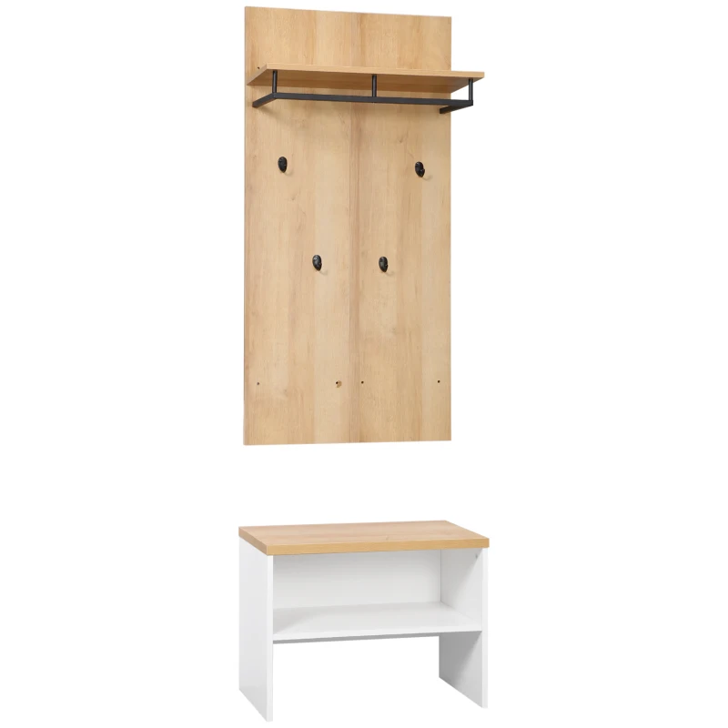 HOMCOM Garderobe mit Schuhbank, 1 Hutablage, 4 Kleiderhaken, Natur + Weiß