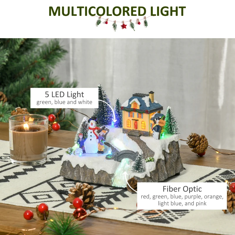 HOMCOM Animated Christmas Village Scene Musical Holiday Decoration with LED Light, Music, Fiber Optic, Rotating Skating Pond, Battery-Operated