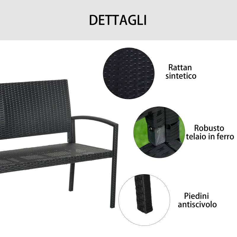 Outsunny Panchina da Giardino ed Esterno in Rattan, Panca in Rattan Nero 2 Posti, 122x60x85cm