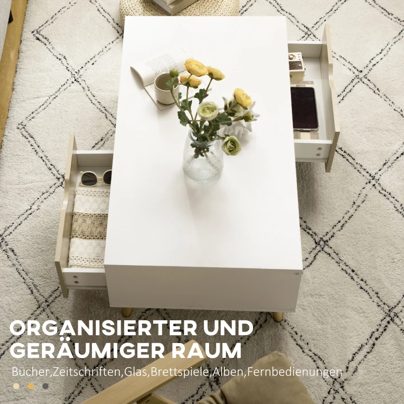 HOMCOM Couchtisch im Skandi-Design, 2 Regale, 2 Schubladen, 106 cm x 58 cm x 39,5 cm, Weiß + Natur