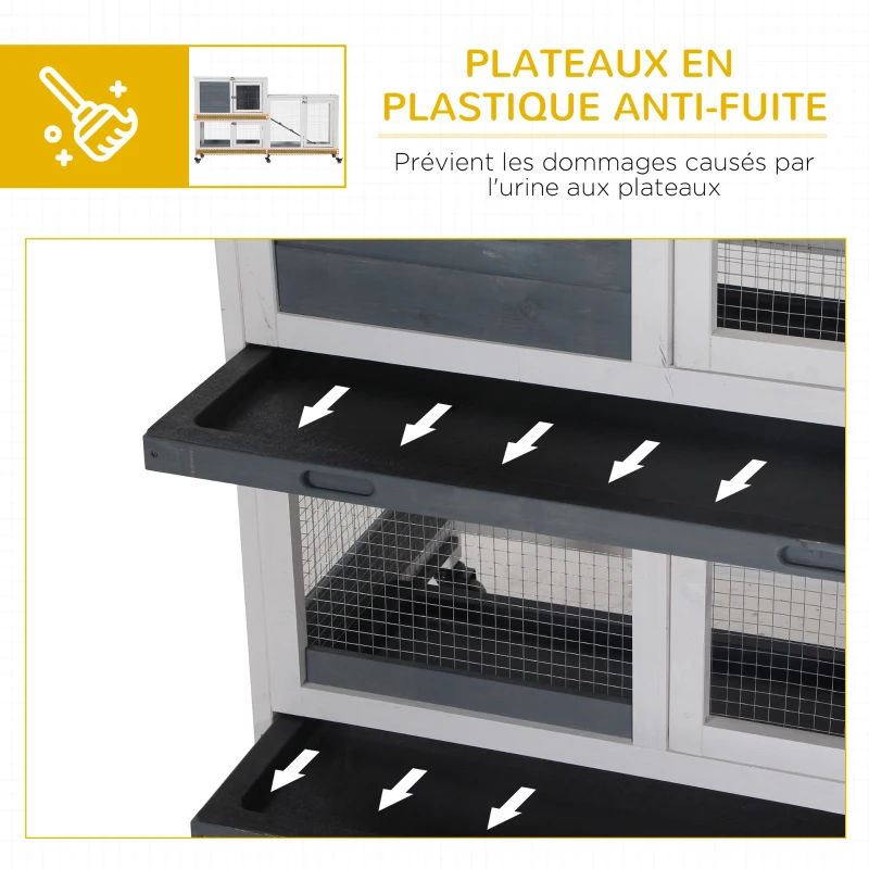 PawHut Clapier intérieur bois avec roulettes 2 étages rampes - dim. 147L x 45,5l x 88,5H cm - gris et blanc