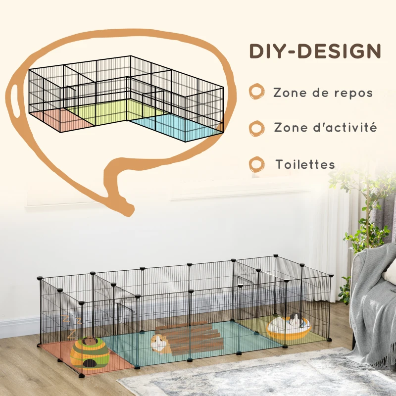 PawHut Enclos parc modulable pour petits animaux lapins rongeurs chiots 18 panneaux en fil d'acier 2 portes 175 x 70 x 45 noir