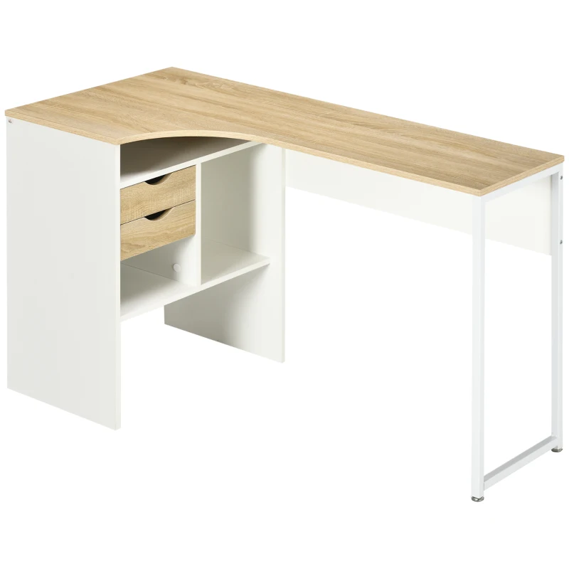 HOMCOM Bureau d'angle avec 2 tiroirs, 120 x 60 cm, bureau en L avec 3 compartiments ouverts, table informatique pour étudier, travailler, chambre, maison, aspect chêne clair