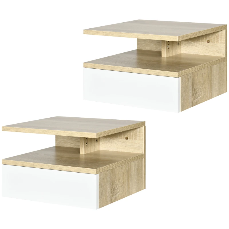 HOMCOM Set de 2 Mesitas de Noche Flotantes con 1 Cajón y Estante Abierto Diseño Moderno Montado en la Pared 35x32x22,5 cm Roble
