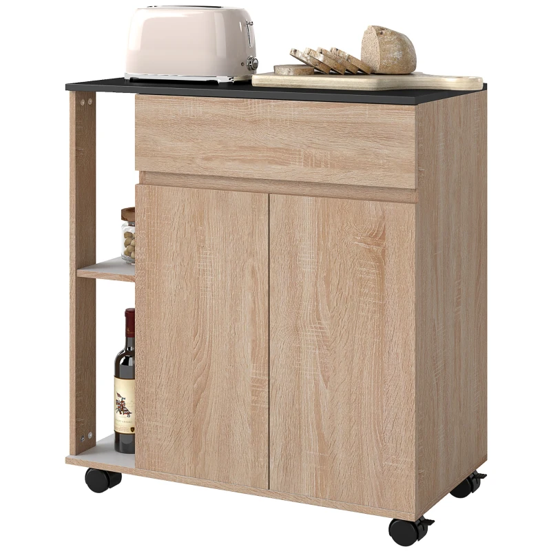 Homcom Dulap Bucatarie Stejar & Negru – Sertare si Roti 78×39,5×88,5 cm
