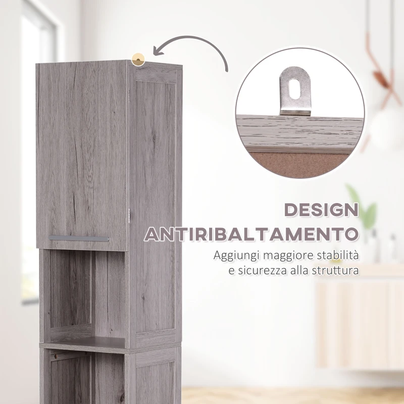 kleankin Colonna Bagno in MDF con 2 Armadietti e 2 Ripiani Aperti, 30x32x172.5 cm, color Legno