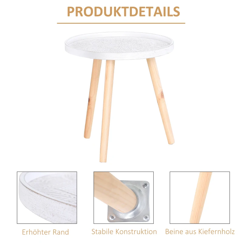 HOMCOM Beistelltisch mit hoher Kante, Kaffeetisch mit schönem Muster, Nachttisch,  Massivholz, MDF, Weiß, Ø40 x 40,5 cm