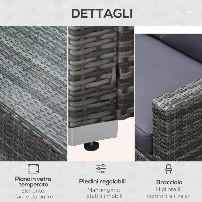 Outsunny Set da Giardino 4 Pezzi in Rattan PE e Acciaio, con Divano, 2 Poltrone e Tavolino da Caffè, Grigio