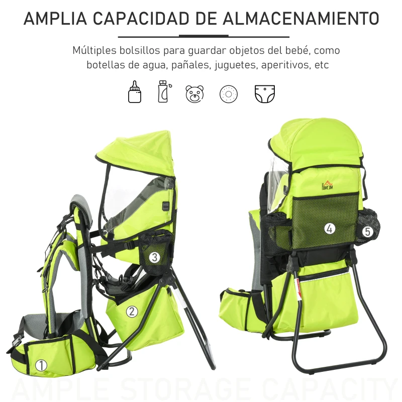 HOMCOM Portador de Bebés con Techo Impermeable Base de Soporte y Múltiples Bolsillos para 6-36 Meses 38x77x87,5 cm Verde Claro
