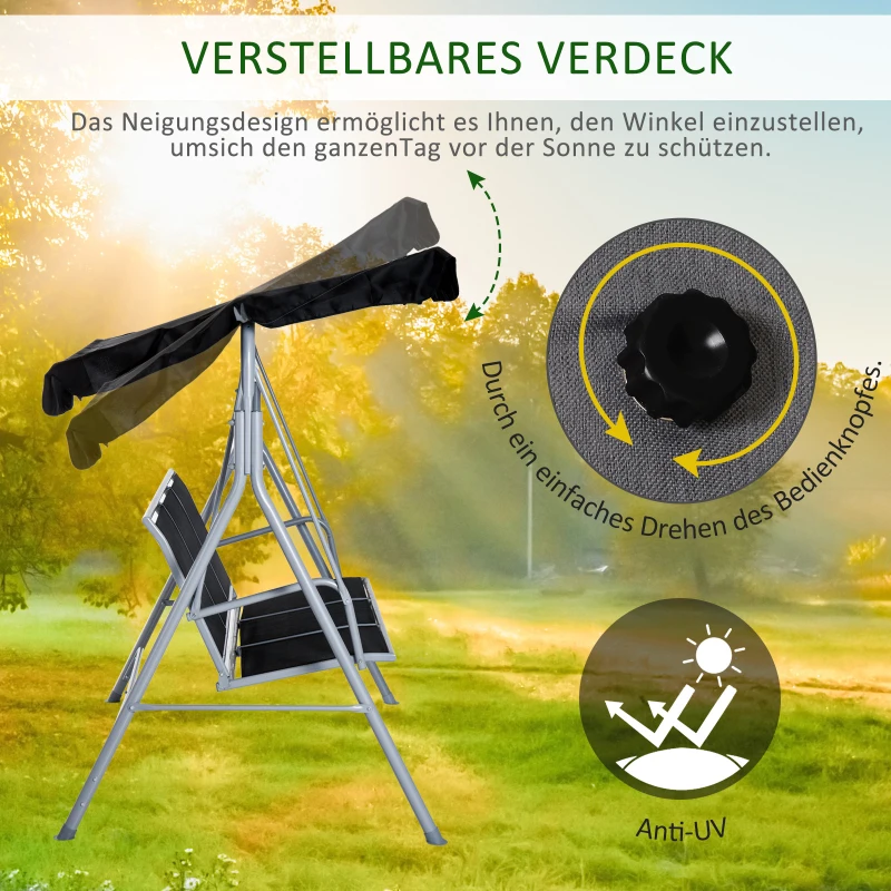 Outsunny Hollywoodschaukel mit verstellbarem Sonnendach, 3-Sitzer Gartenschaukel mit Anti-Rutsch-Füßen, Schaukelbank belastbar bis 240 kg, Gartenliege für Garten, Terasse, 170x110x153cm, Grau+Schwarz