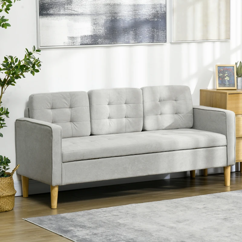 HOMCOM Dreisitzer-Sofa, Polstersofa mit Stauraum, Kissen, Holzrahmen, 166,5x62x82cm, Hellgrau