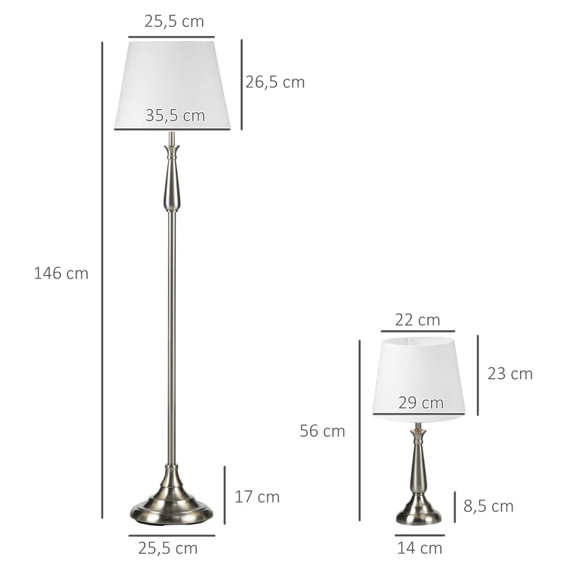 HOMCOM 3-teiliges Lampenset im Vintage-Design, 2 Tischleuchten, 1 Stehleuchte, 35,5 cm x 35,5 cm x 146 cm, Silber + Weiß