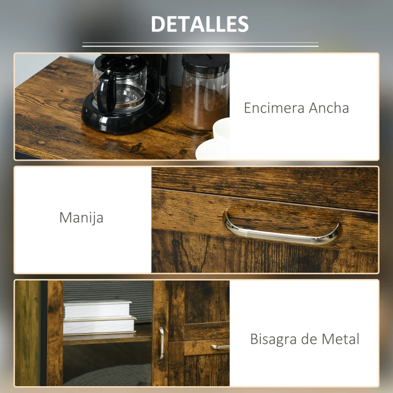 HOMCOM Aparador de Cocina Bueffet para Salón con 2 Puertas de Cristal 2 Cajones y Estantes Abiertos Armario Auxiliar de Estilo Industrial para Salón Comedor 120x40x88,5 cm Marrón Rústico