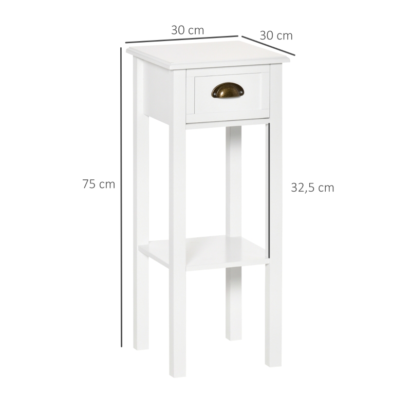 HOMCOM Lot de 2 Tables d'appoint Bout de canapé guéridon - tiroir, étagère - dim. 30L x 30l x 75H cm - poignées coquilles Laiton Vieilli MDF Blanc