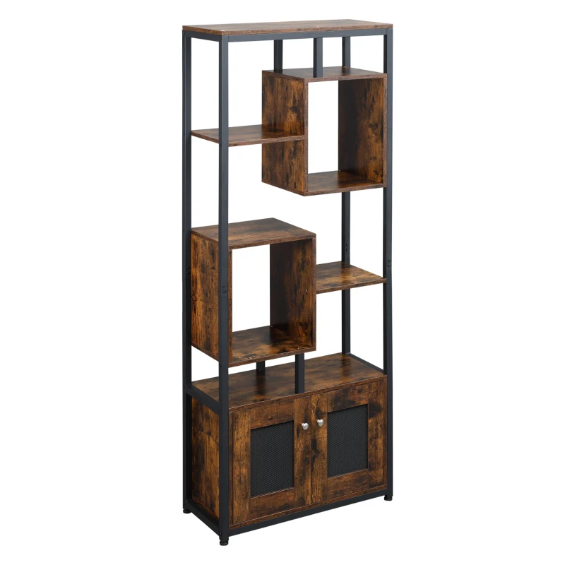 HOMCOM Mobile Libreria Scaffale in Stile Industriale con Armadietto a 2 Ante, Scaffale Salvaspazio a 8 Ripiani per Casa e Ufficio, 70x30x180cm, Marrone