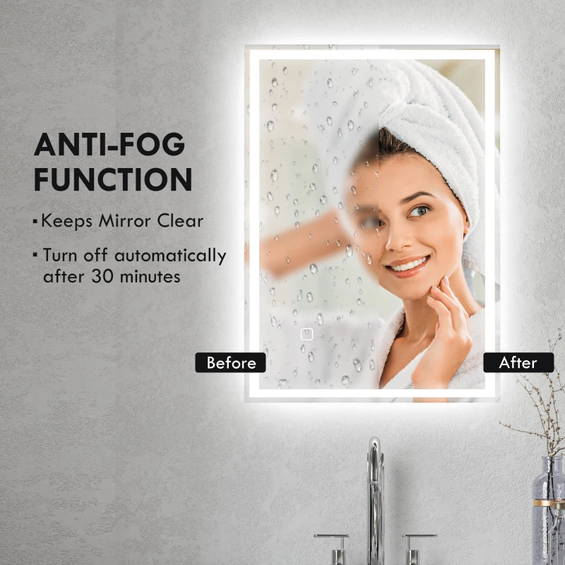 kleankin Bathroom Mirror with LED Lights, Illuminated Makeup Mirror with 3 Colours, Defogging Film and Memory Function, Hardwired, Horizontal or Vertical, 70 x 50 cm