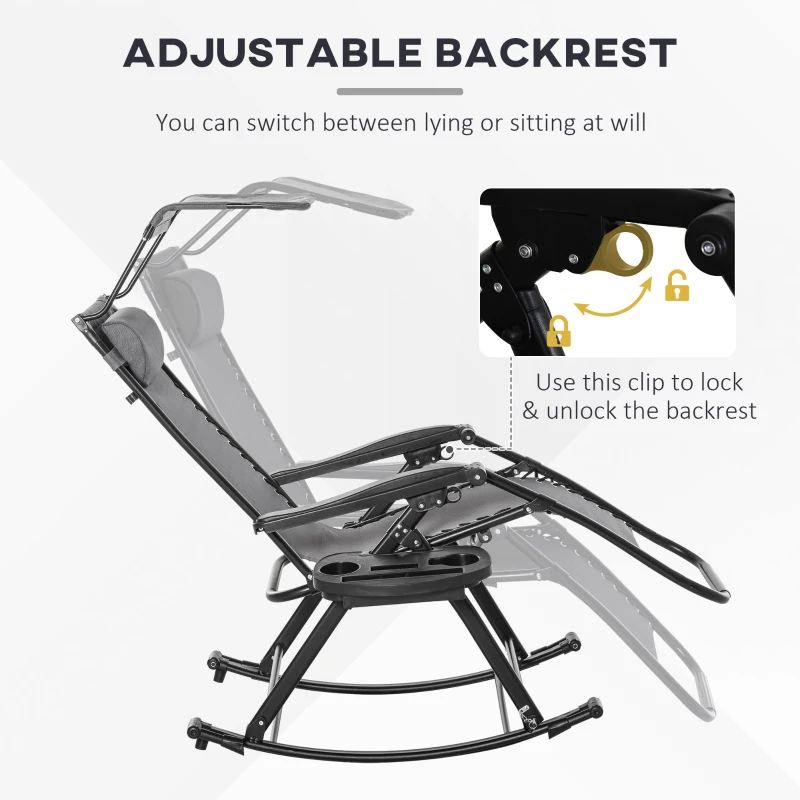 Outsunny Garden Rocking Chair Folding Recliner Outdoor Adjustable Sun Lounger Rocker Zero-Gravity Seat with Headrest Side Holder Patio Deck - Grey