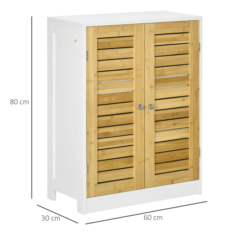 kleankin kleinkin Badezimmerschrank Badkommode, einstellbare Einlegeböden, Doppeltür aus Bambus, weiß+holzfarben, 60 x 30 x 80cm