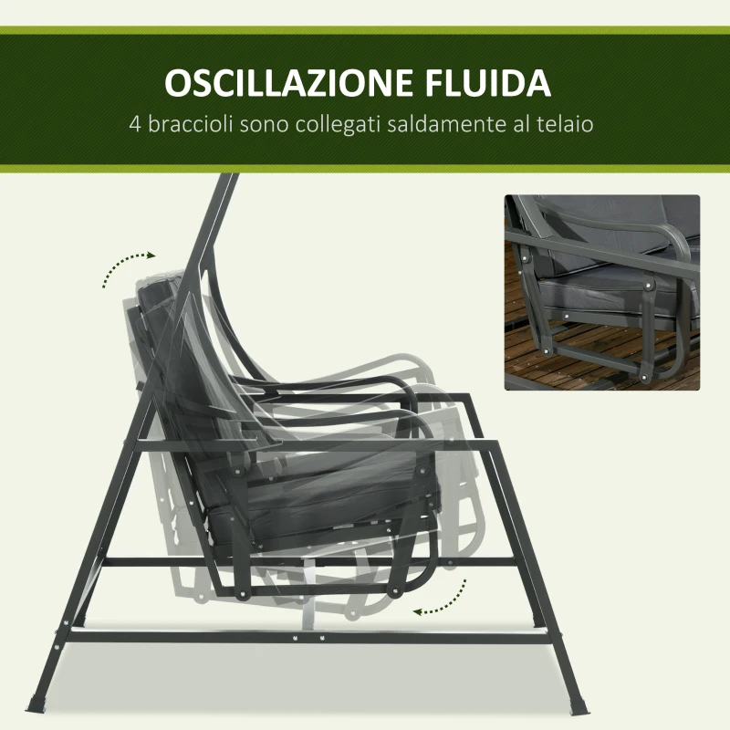Outsunny Dondolo da Giardino 2 Posti in Acciaio con Tettuccio Inclinabile e Cuscini, 148x129x172 cm