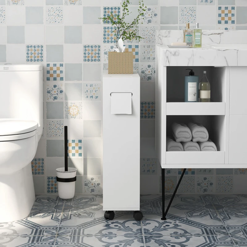 kleankin Armario de Baño Mueble Auxiliar con 4 Ruedas 2 Agujeros para Papel 2 Armarios y Estantes Ajustables 52x17x67 cm Blanco