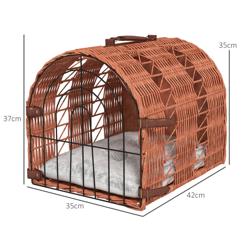 PawHut Transporttasche für Katze Hund aus Weide geflochten Korbhöhle mit Kissen Gitter für Transport Katzen Hunden Braun Metall 42 x 35 x 37 cm